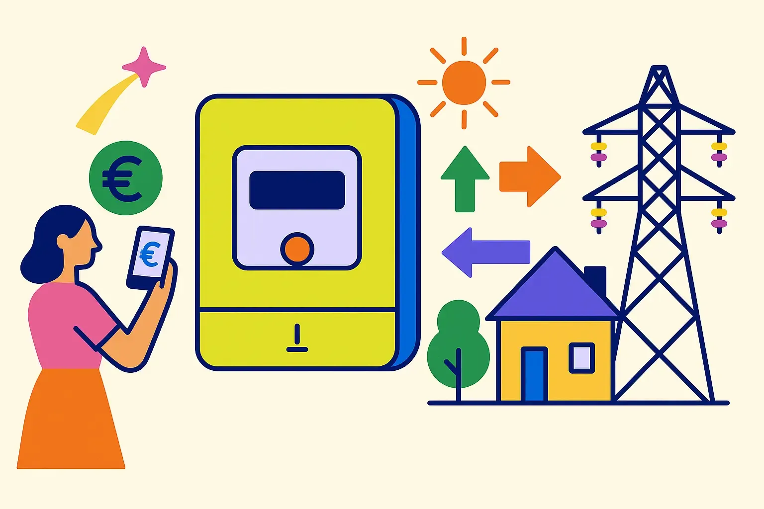 Illustration moderne montrant les bénéfices du compteur Linky pour suivi de consommation et gestion du réseau.
