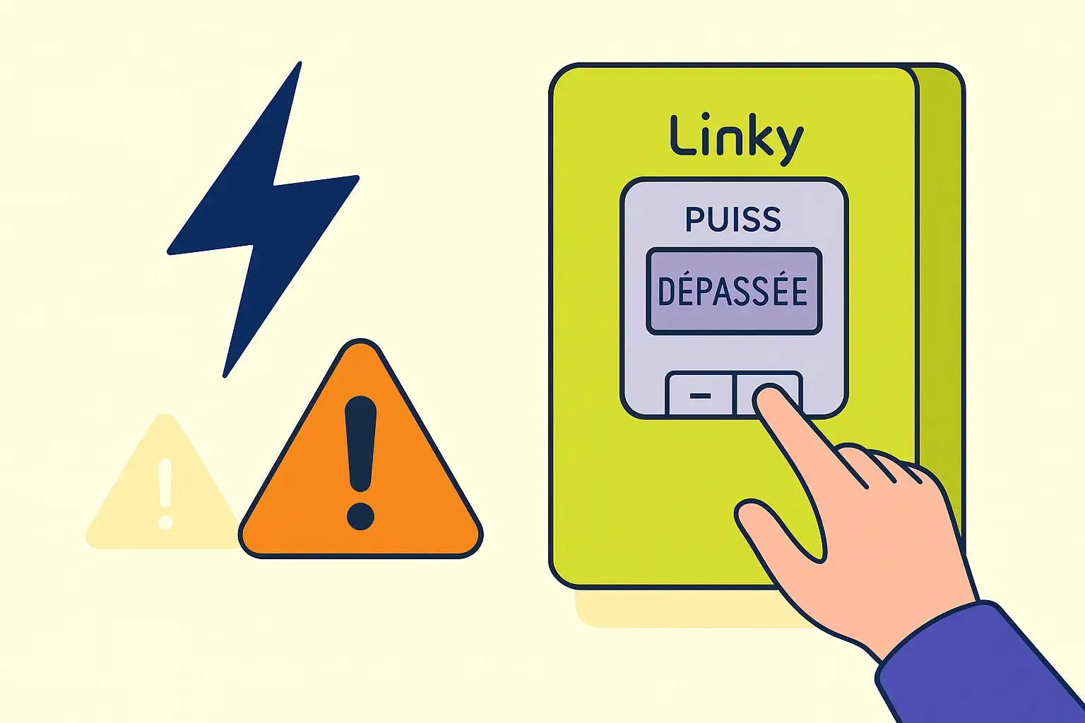 Main appuyant sur un compteur Linky affichant "puissance dépassée" avec icônes d'alerte.