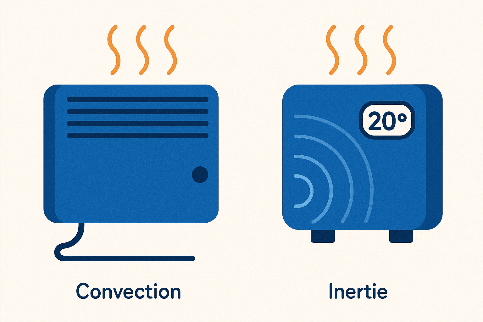 Illustration avec à gauche un radiateur à convection et à droite un radiateur à inertie